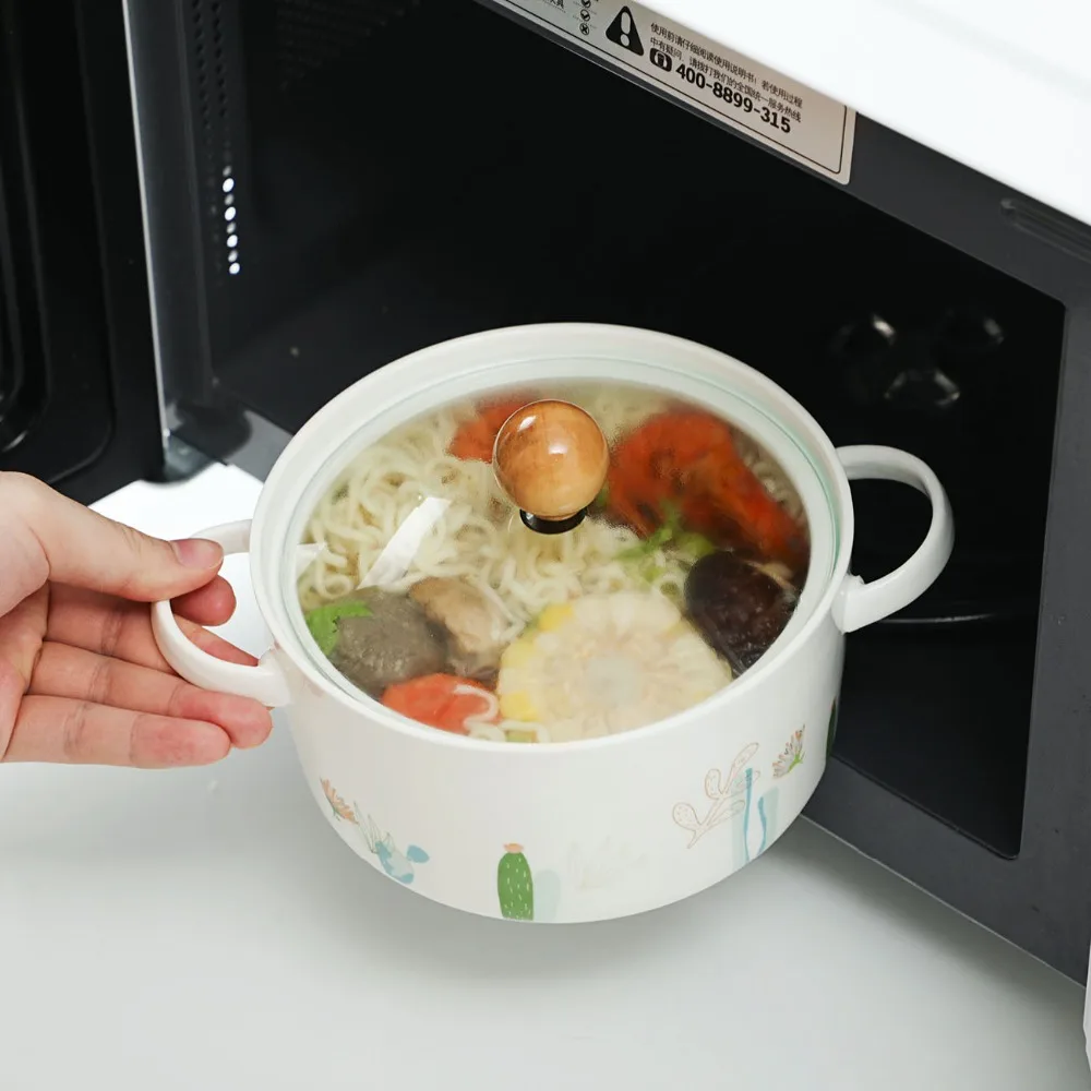 Большая тарелка для супа с ручкой, керамическая салатная лапша, миска для супа, нордическая посуда для выпечки завтрака со стеклянной крышкой