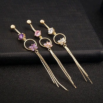 

2020 Trendy Zircon Crystal Tassel Dangle Belly Button Rings Women Sexy Surgical Steel Circle Navel Rings Piercing Body Jewelry