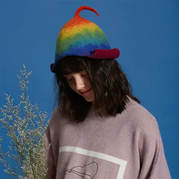 

Cute Rainbow Elf Beret Hat Women Warm Winter Wool Cap Korean Handmade Vintage Ladies Beret Hats Chic Sweet Christmas Caps Kids