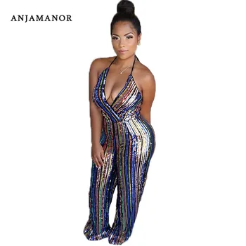 

ANJAMANOR Halter Backless Striped Glitter Sequin Jumpsuit Winter Club One Piece Outfit Sexy Party Rompers Jump Suites D57-BB19