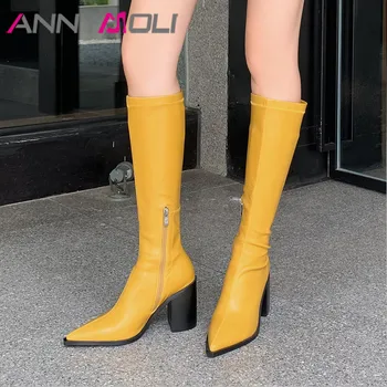

ANNYMOLI Women Knee-High Boots Shoes Zip Extreme High Heel Boots Lady Pointed Toe Block Heels Long Boots Autumn Winter Black 40