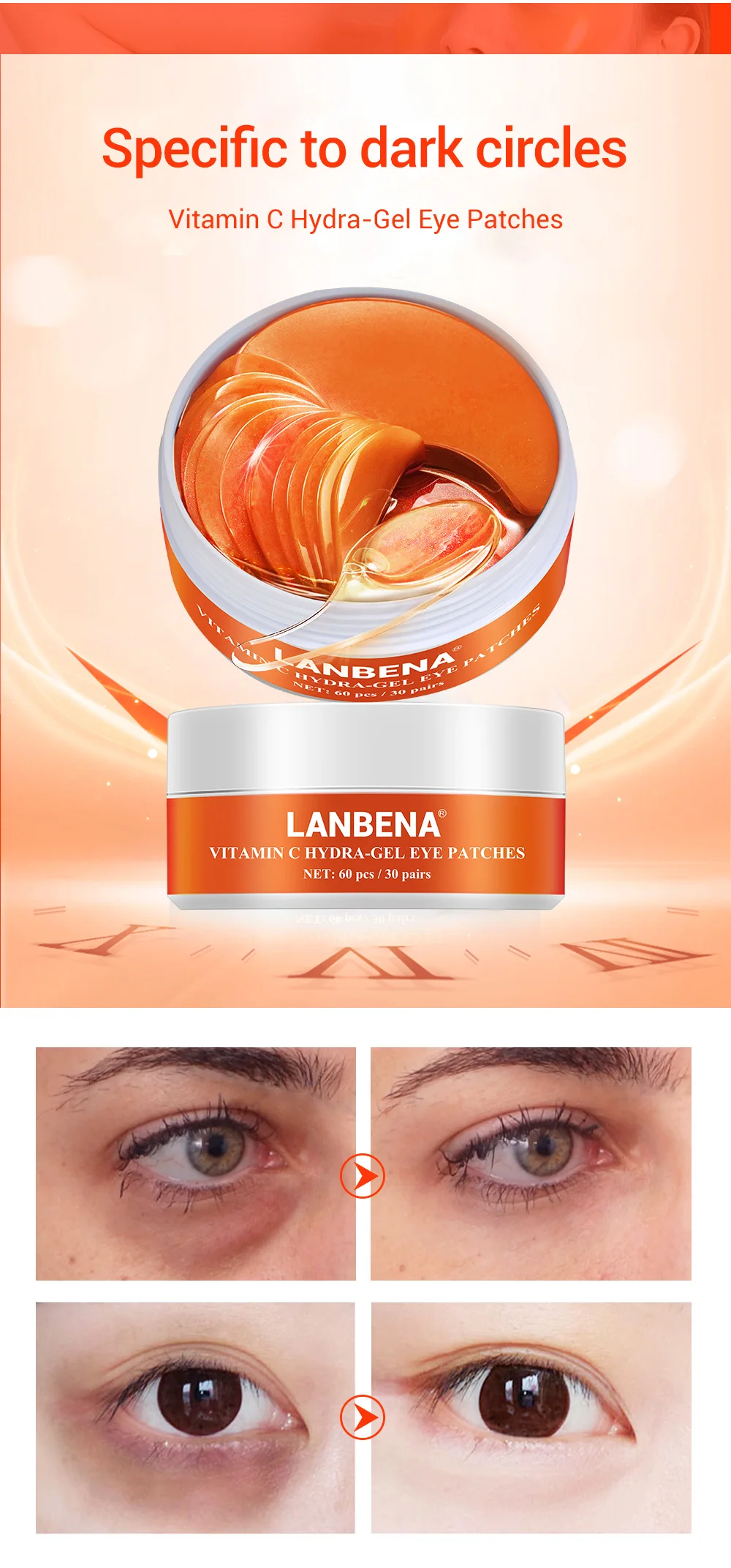 LANBENA Vitamina C маска для глаз коллаген Темные Круги Патчи для глаз Уход за кожей отбеливающая Золотая маска увлажняющая осветляющая Уход за глазами 60 шт