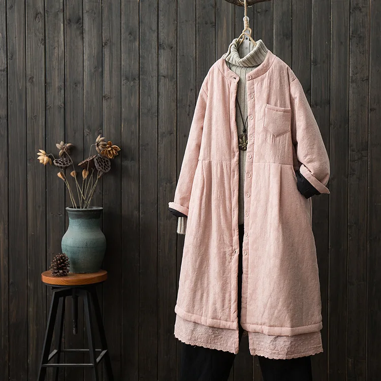 

Origional Retro Cotton Linen Thick Quilted Cotton-padded Clothes Literature And Art Mid-length Lace Joint Loose-Fit Padded Cotto