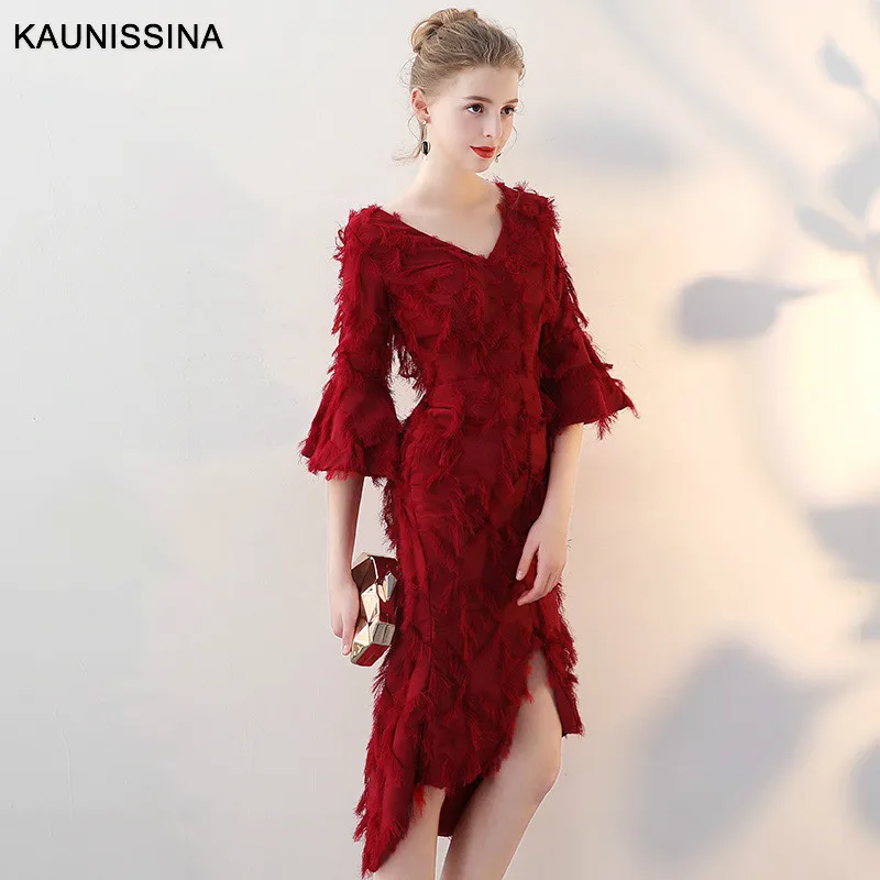 

KAUNISSINA Mermaid Cocktail Dresses Elegant Party Gowns V-Neck Flare Sleeve Celebrity Homecoming Dress Vestidos