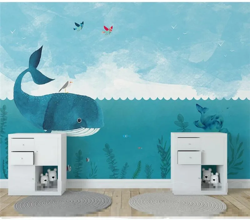 XUESU Custom large wallpaper mural wall covering Nordic simple cartoon whale sea children's house background wall