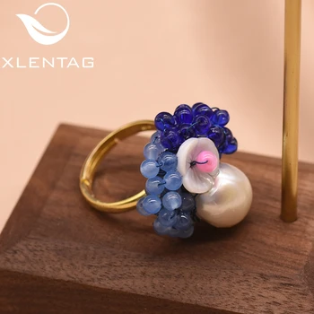 

XlentAg Handmade Blue Stone Adjustable Fresh Water Baroque Pearls Rings Luxury Plant Jewelry For Women Vintage Gifts GR0230B