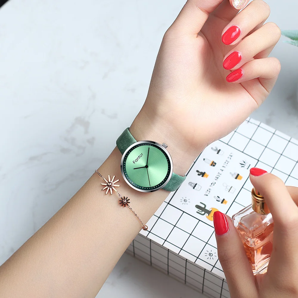 Fantor Лидирующий бренд женские часы кожаный зеленый циферблат женские модные роскошные повседневные часы женские водонепроницаемые Элегантные наручные часы