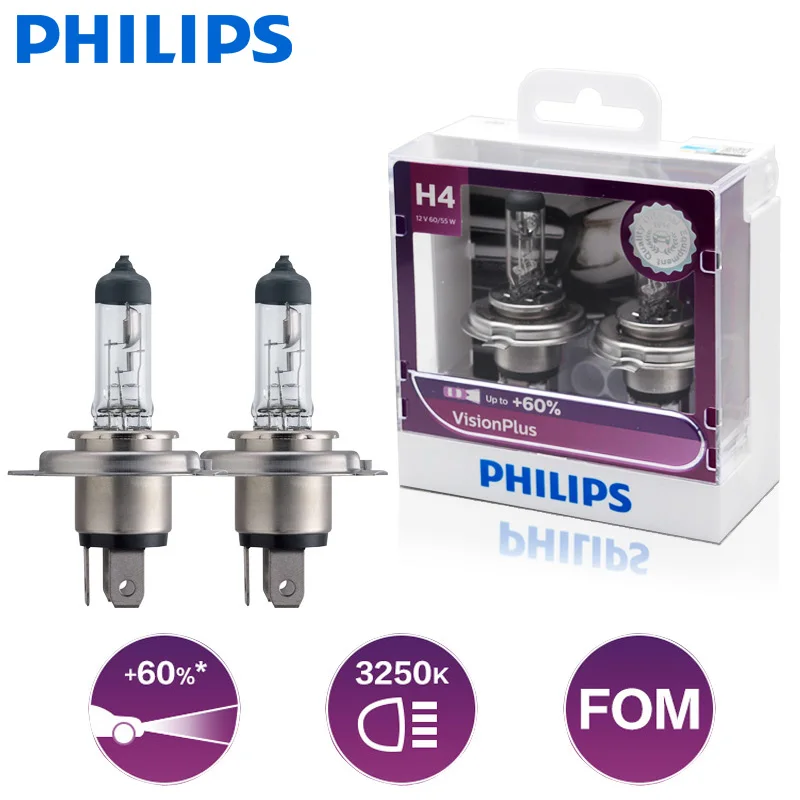 2X Philips H4 12V 60/55W P43t-38 VisionPlus 3250K более яркое видение до 60% увеличенное галогенные