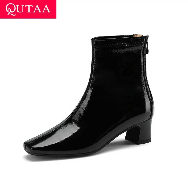 

QUTAA 2020 Fashion Square Med Heel Women Shoes Pointed Toe Genuine Leather+PU Winter Motorcycle Ankle Boots Big Size 34-40