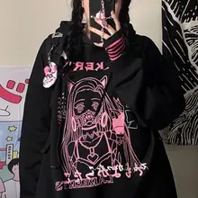

Y2k Anime Print Hoodie Women White Harajuku Cartoon Long Sleeve Hooded Sweatshirt Gothic Japan Style Loose Oversized Tops