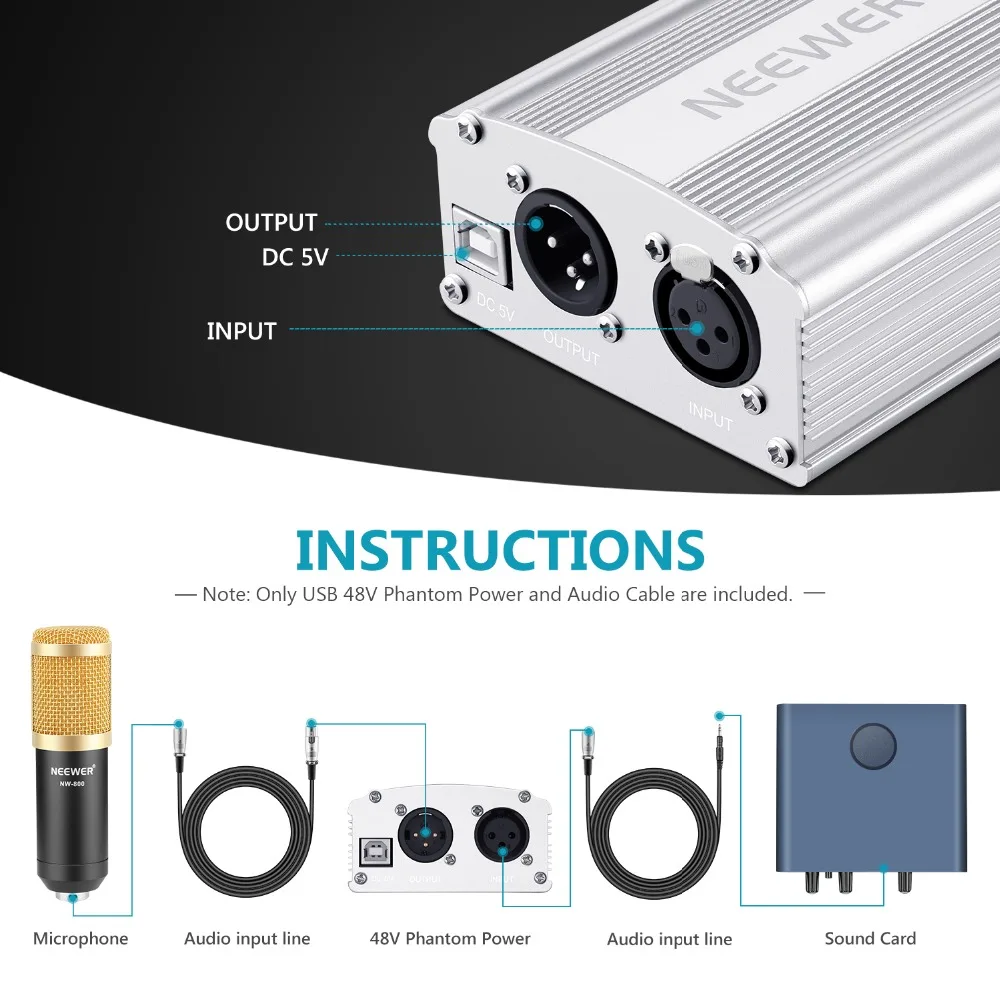 Neewer 1-канальный 48V USB Phantom Питание 5 футов USB кабель XLR Сделано в Китае для XLR 3Pin микрофонный кабель для любого конденсаторный микрофон