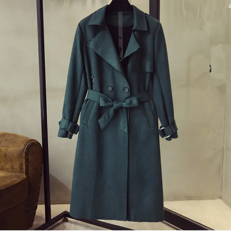 UHYTGF, весенне-осеннее пальто для женщин, роскошное, оленья кожа, замша, элегантное женское пальто, двубортное, тонкое, женское, повседневное пальто 40 - Цвет: Dark green