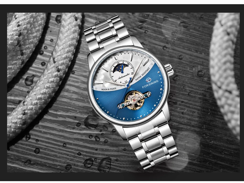 FORSINING Tourbillon водонепроницаемые механические мужские часы из нержавеющей стали с фазой Луны Автоматические наручные часы Relogio Masculino
