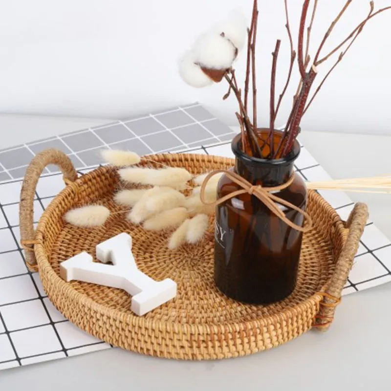 

Rattan Bread Basket Round Hand-Woven Tea Tray With Handles For Serving Dinner Parties Coffee Breakfast M