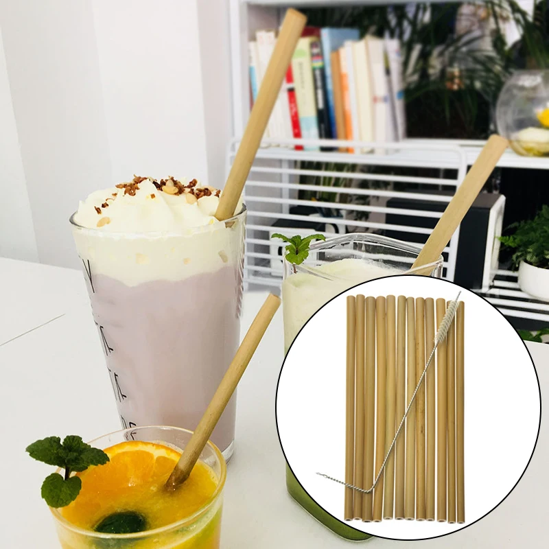 10*Bamboo Drinking Straws Reusable Eco-Friendly Party Kitchen+ Clean Brush Kit
