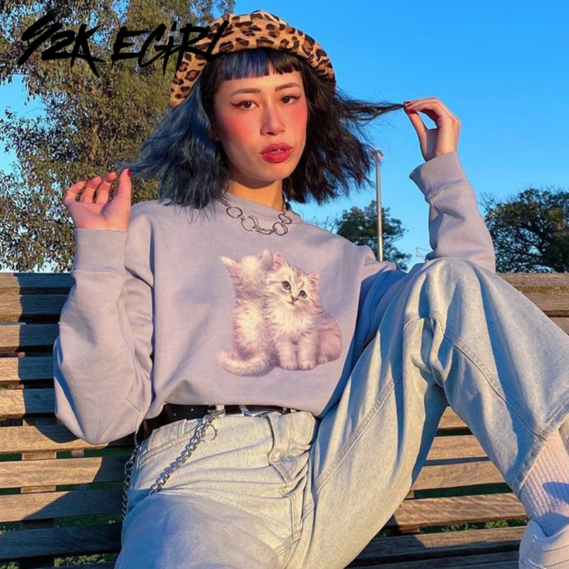 

Y2K EGIRL Casual O-neck Long Sleeve Oversized Sweatshirts Kawaii Cat Graphic Print Loosed Tops Harajuku 90s Streetwear Cute Top