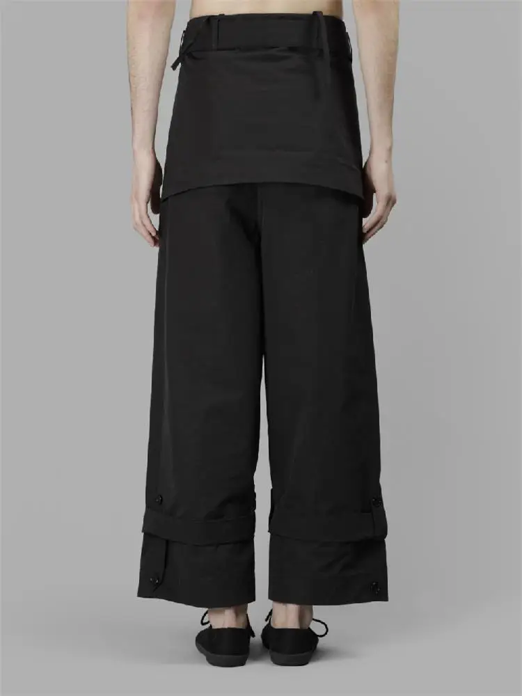 Spring and Autumn New Men's Short Apron-style Tie Up Straight Pants Loose Black Pants Bottoms Weaving Wide Leg Pants