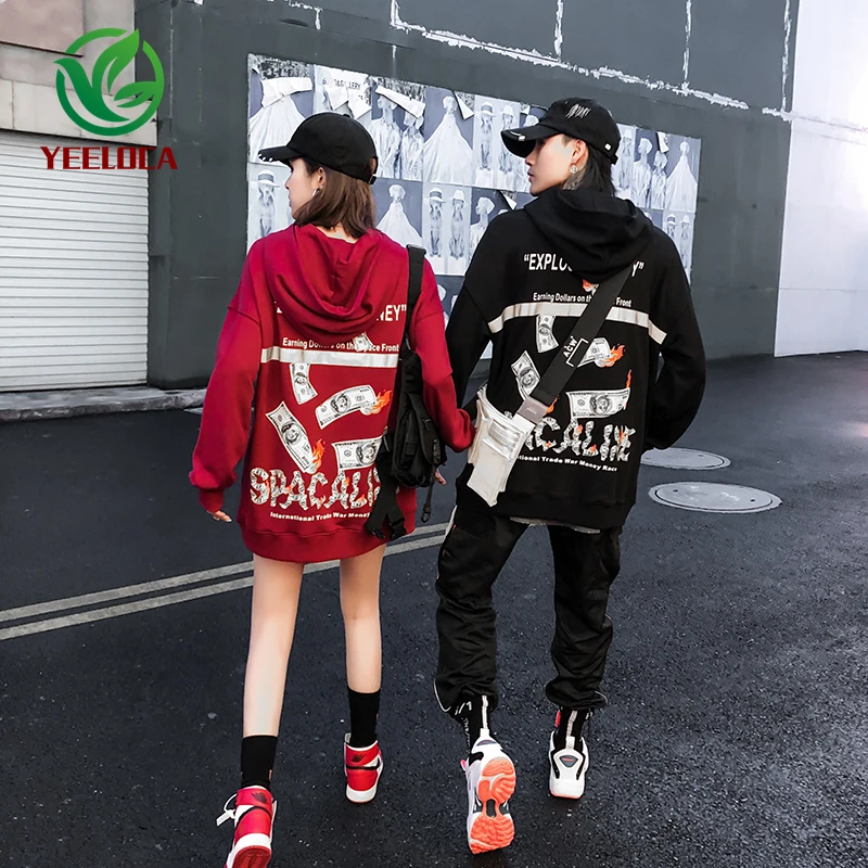 Осень-зима доллар с принтом в стиле «хип-хоп» с капюшоном Свитшот Для мужчин Для женщин Свободные 3M Светоотражающий толстовки для пар