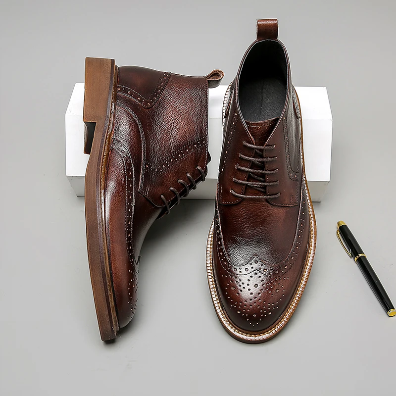 Phenkang Men's Winter Chelsea Boots Genuine Leather Black Ankle Waterproof Casual Working Flat Shoes for Men Dress Spring