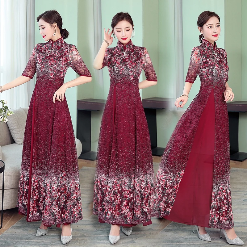 ao dai вьетнамское традиционное длинное платье, женское винтажное платье Ципао с коротким рукавом, халат-новинка, элегантное платье с цветочным принтом