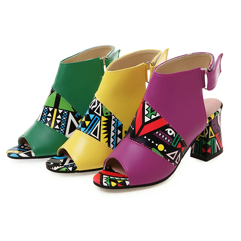 

Women Stylish Print Sandals Boots Peep Toe Buckle Strap Summer High Heel Gladiator Shoes Woman Yellow Green sandalias mujer 2019
