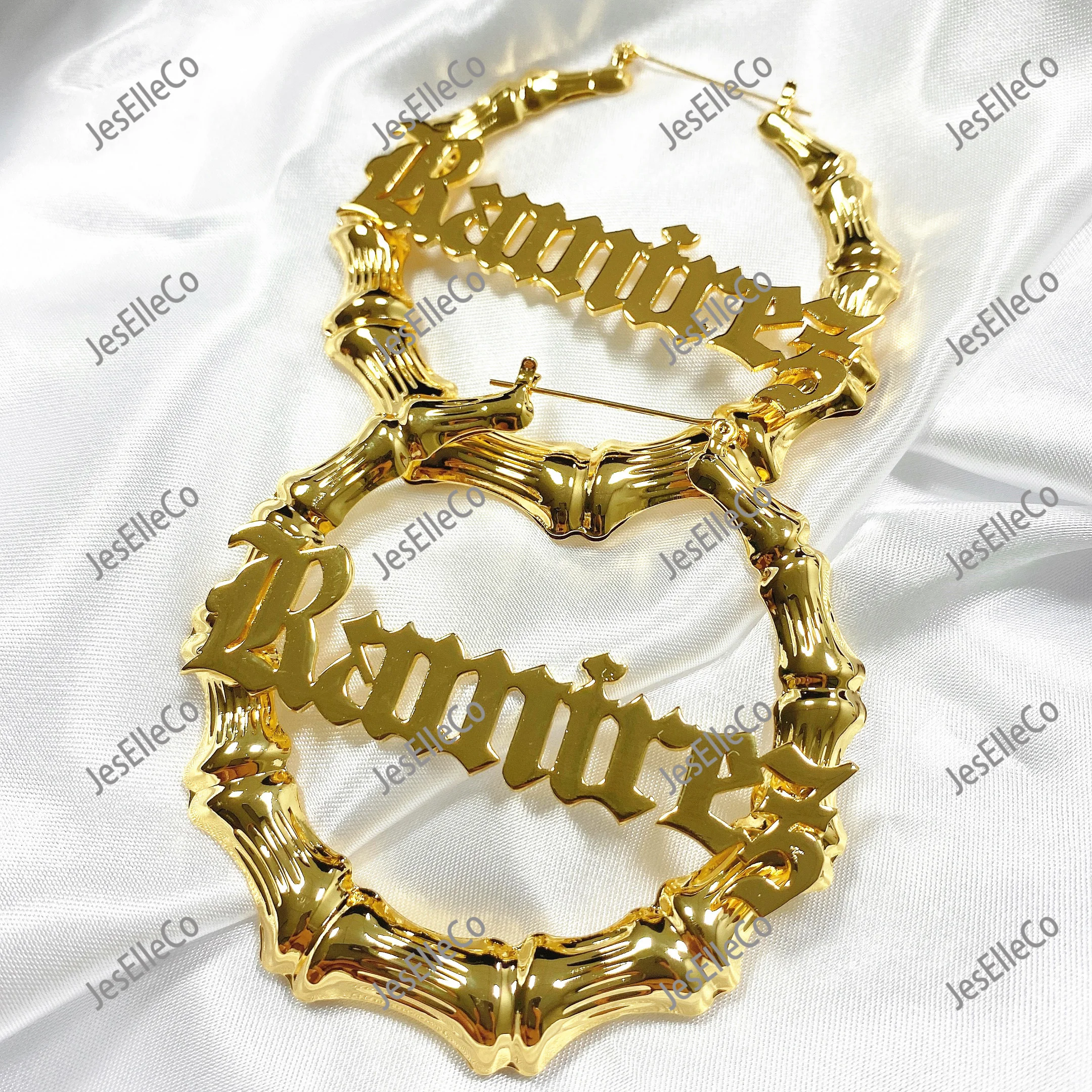 

JesElleCo 30 50 70 90 100mm Hiphop Bamboo Hoop Earrings Custom Name Earrings Bamboo Style Customized Earrings For Woman Jewelry