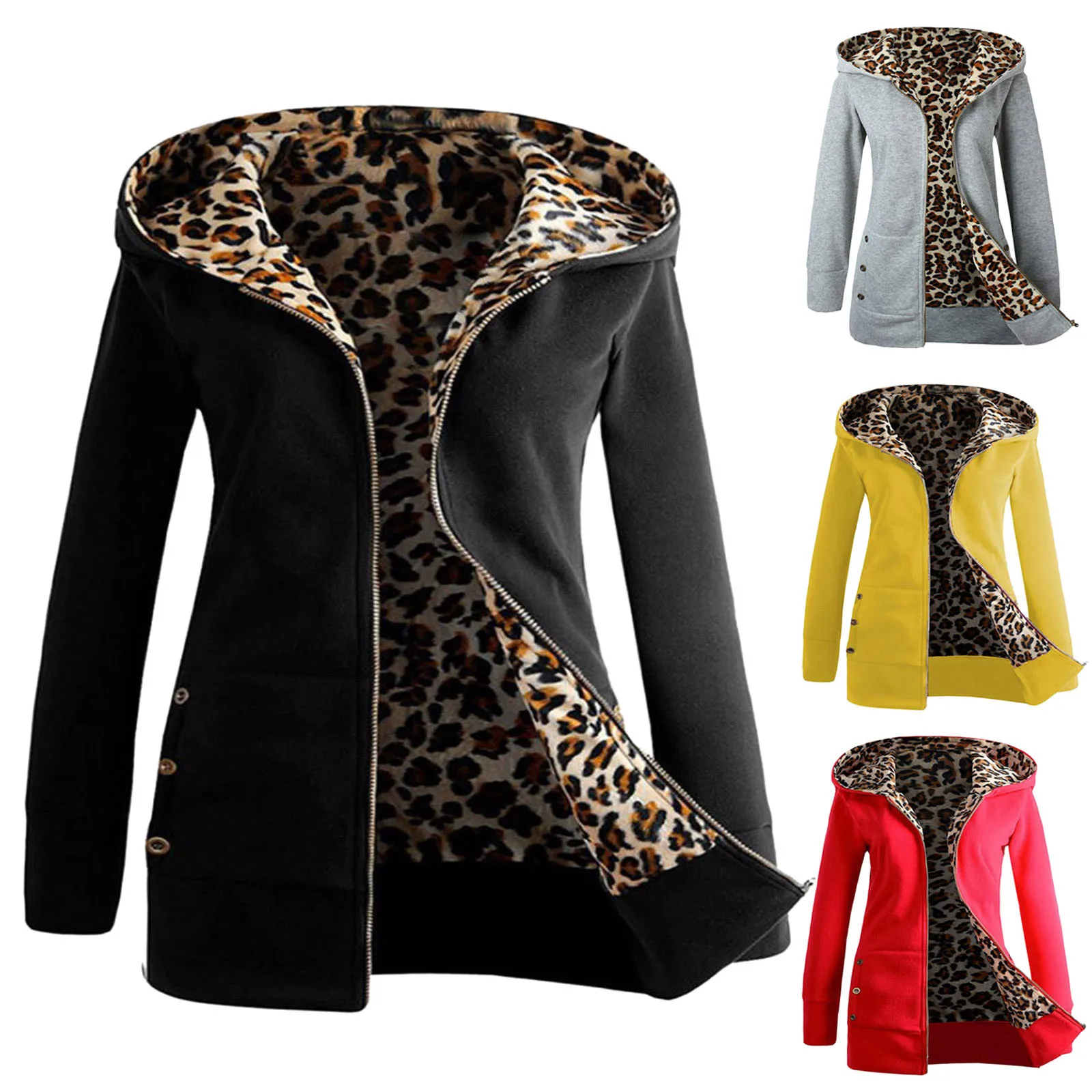 Fashion Leopard Jackets Women Velvet Thicker Hooded Coat Zipper