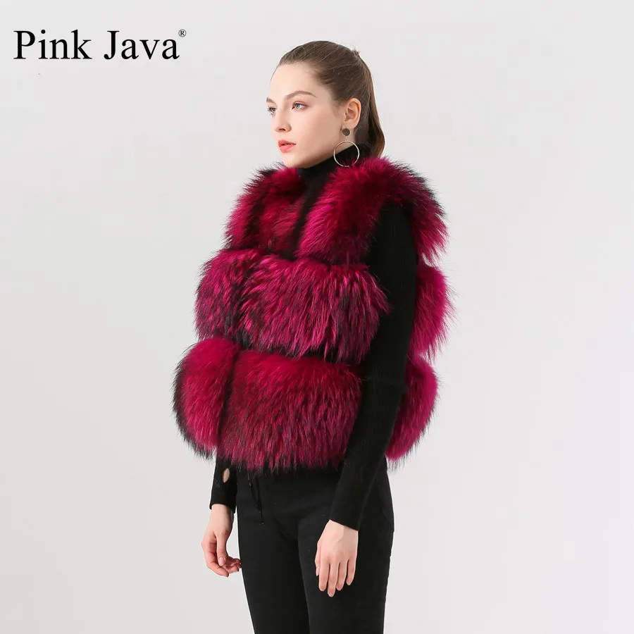 Розовое java QC19091 Новое поступление, горячая распродажа, женское меховое пальто, натуральный мех енота, жилет, короткий жилет, толстое пушистое меховое пальто