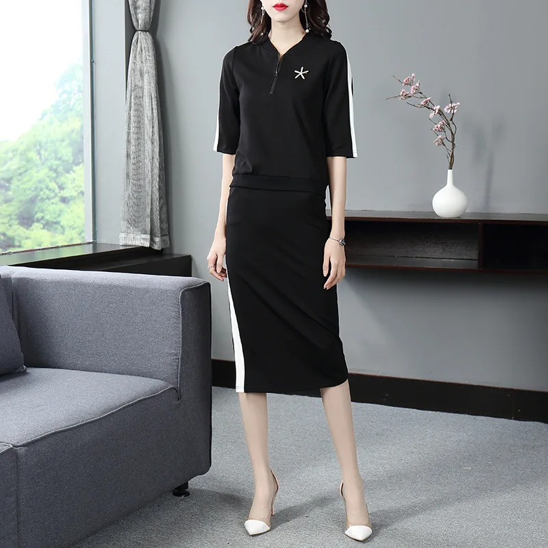 

2019 Spring And Summer Hot Selling WOMEN'S Dress Solid Color Joint Crew Neck Knitted Short Sleeve Slit Fashion Leisure Suit