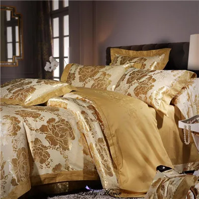 Постельное белье King size с вышивкой, жаккардовое постельное белье для свадьбы, хлопок, пододеяльник, простыня+ пододеяльник+ наволочка - Цвет: HCYL GOLDEN