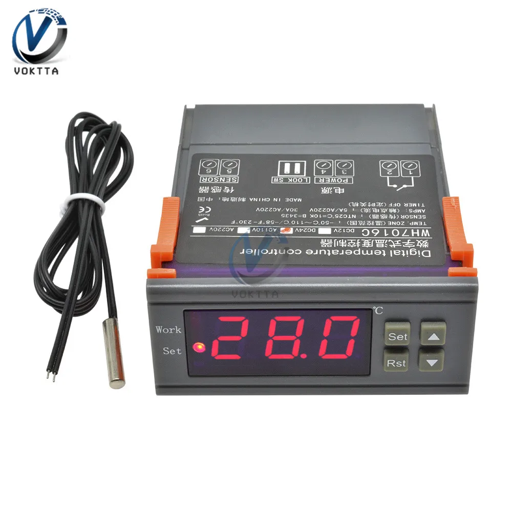 WH7016CDC12V24VAC90V250V10ATemperatureControllerLCDDigital