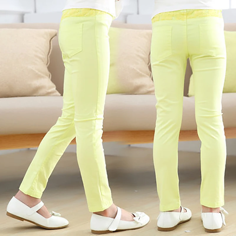 Girls' Pencil Pants Spring And Autumn Kids Casual Solid Color Pocket Outer Wear Stretch Trousers
