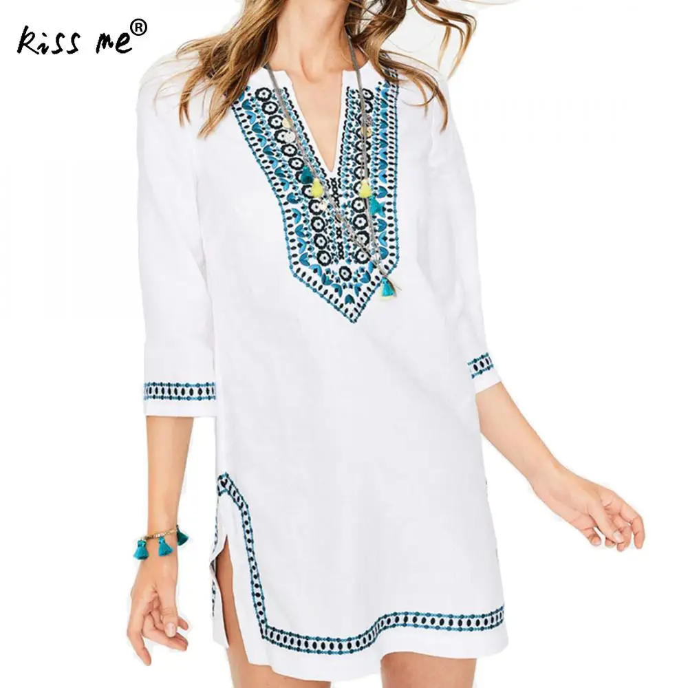 

Solid Folk Bikini Cover Up Half Sleeve Beach Dress Sarong Tunic Women Beach Wear Dress Kaftan Loose Casual Swimsuit Cover Ups