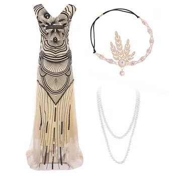 

1920s Long Slit Dresses Deep V Neck Sequin Mermaid Bridesmaid Flapper Party Dress