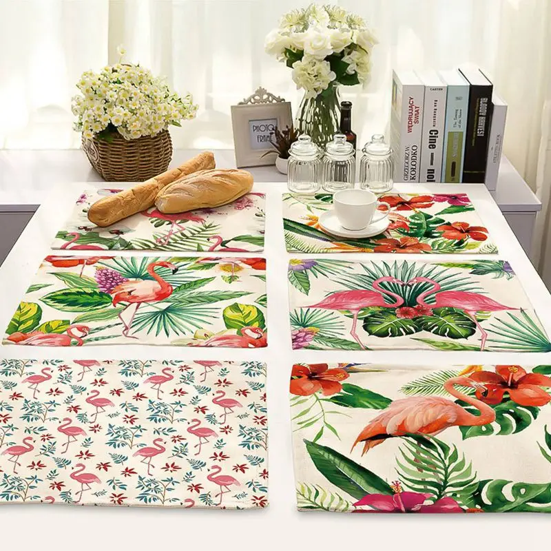 New Flamingo Pattern Cotton And Linen Mat Plant Print Tableware Mat For Wedding Placemat Kitchen Decoration Catering Accessories