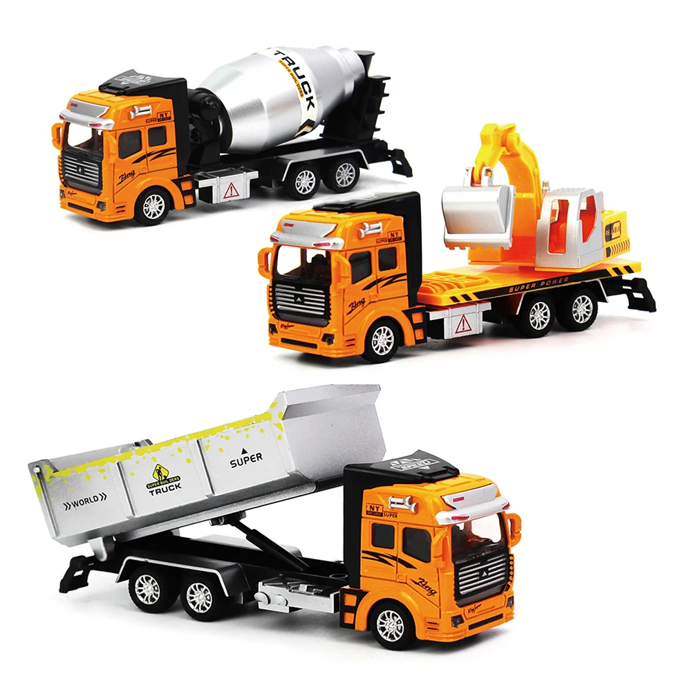 

3pcs 1:48 Vehicles Orange Alloy Car Model Kids Gifts Construction Trucks Friction-Powered Excavator Toy Large
