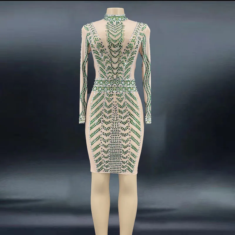 

Green Rhinestone Transparent Short Dress Women Dancer Prom Show Costume Evening Birthday Celebrate Mesh Dress