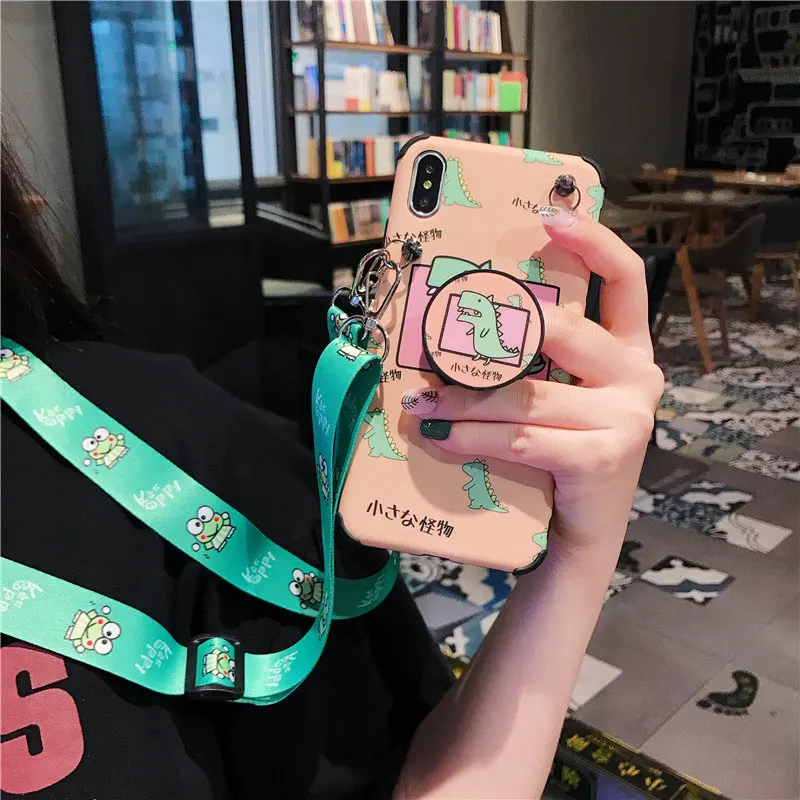

IRONGEER Cartoon Little Dinosaur Phone Cases Back Cover Cases for iphone MAX XS XR 6 7 8 plus Case Coque Fundas with Bracket