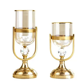 

Modern Metal Candle Holders Glass Flower Vase Gold Candlestick Windproof Ornaments Wedding Centerpieces Candles Home Decoration
