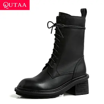 

QUTAA 2020 Lace Up Zipper Genuine Leather Casual Women Shoes Round Toe Square High Heel Autumn Winter Mid Calf Boots Size 34-39
