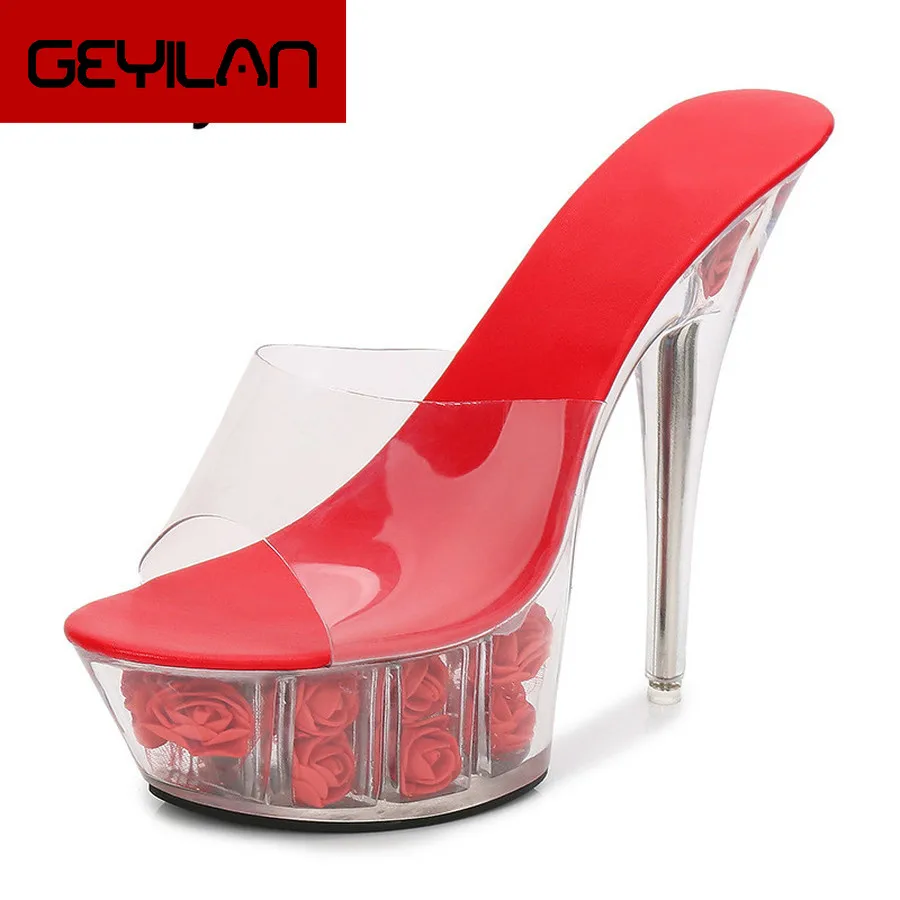 

2018 Nightclubs Super Heels Transparent Sandals Pole Dance Crystal bottom Waterproof platform High heels slippers