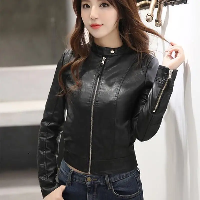 Women Spring Autumn Slim Soft Pu Leather Jacket Moto Biker Short Coat Pockets Streetwear Casual Faux Leather Jacket