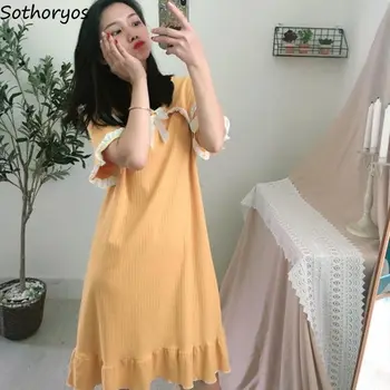 

Nightgowns Women Lace Cartoon Print New Ruffles Short Sleeves Turn-down Collar Candy Color Lovely Casual Fashion Soft Sleepwear