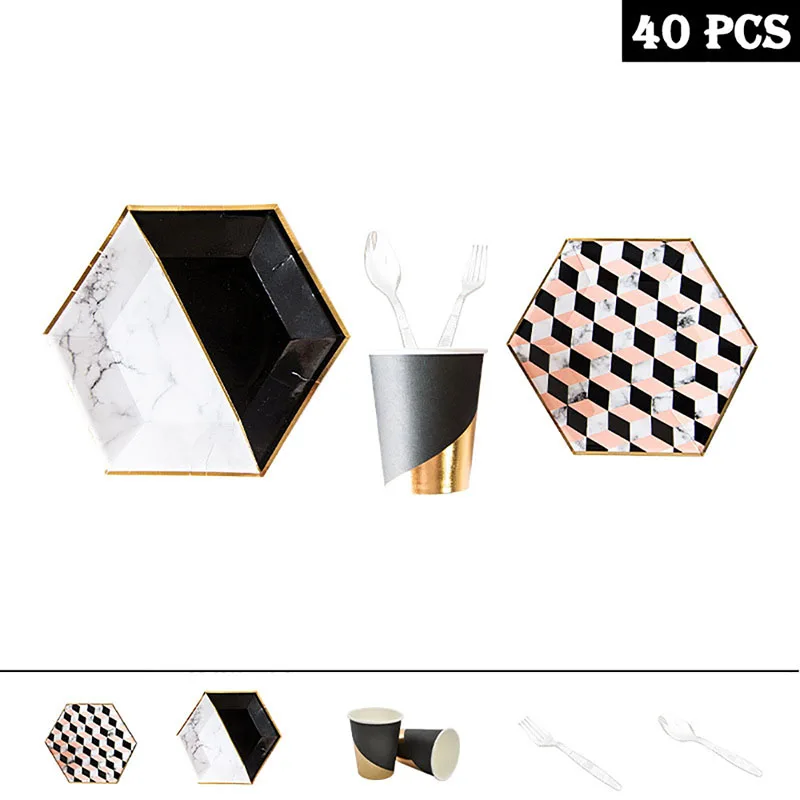 40PCS Товары для вечеринки, дня рожденья вечерние украшения детские одноразовые столовые приборы бронзированные шестигранные бумажные листовая бумага чашка Свадебные украшения - Цвет: 40PCS