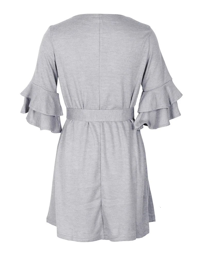 Uguest Office Lady Big Women Mini Dress Ruffles Cotton Sashes A-line Half Butterfly Sleeve Round Neck Empire Casual Summer Dress