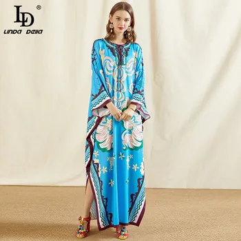 

LD LINDA DELLA 2020 Fashion Floor-length Long Dress Women Plus size Batwing Sleeve Printing Knitting Elastic Loose Maxi Dresses