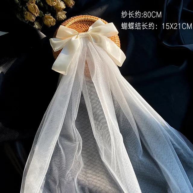 New Bow Veil Super Fairy Wedding Trip Shoot Photo White Satin Mesh Barrettes Bridal Hair Accessories 2