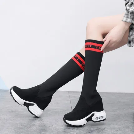 Fashion Height Increasing Cosplay Shoes Women Long Boots Fall 2020 Thick Bottom Knee High Boots Knitted Elastic Thin Socks Boots black red