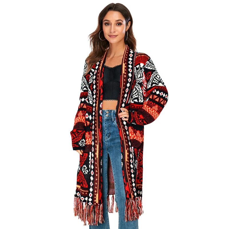 

Boho Knit Cardigans Vintage Jacquard Coat For Women Geometry Open Front Tassels Christmas Sweater Red Gypsy Wraps Abrigo Mujer