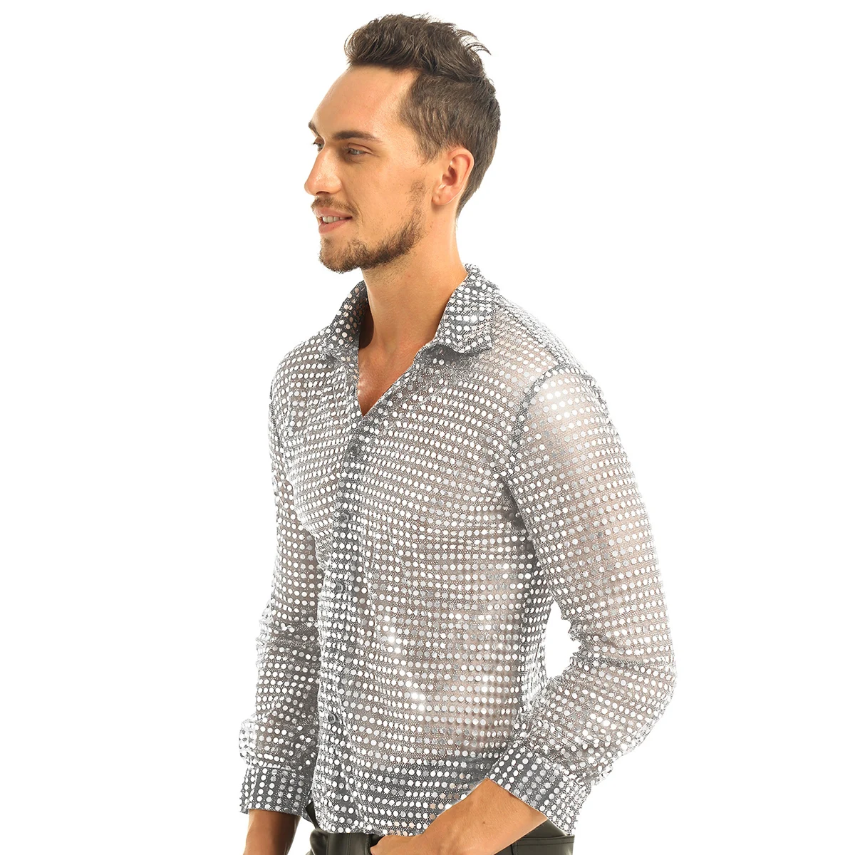 iEFiEL Mens Fashion Holographic Costumes Clothing Shiny Sequins See Through Mesh Clubwear Evening Dance Performance Top Shirt men shirts